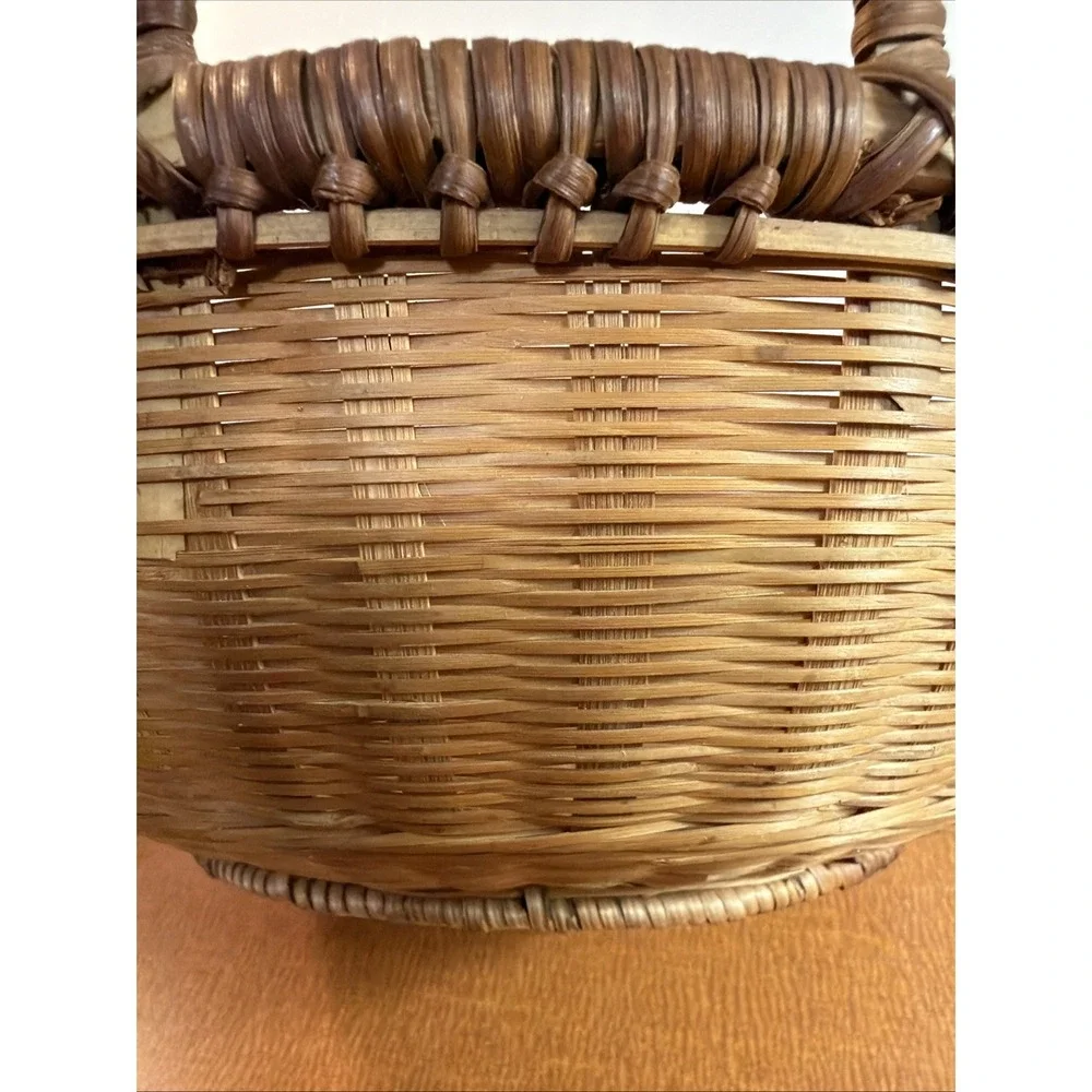 Vintage Round Natural Brown Wood Woven Wicker 2 Handles Basket 12